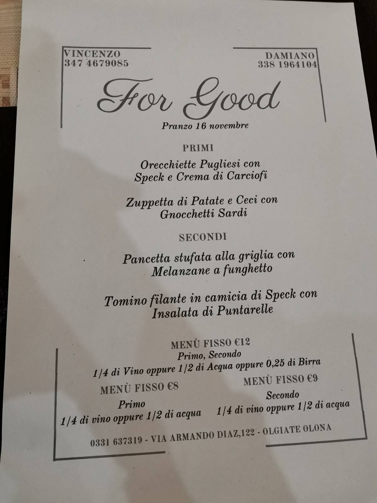 Menu di ForGood Olgiate 