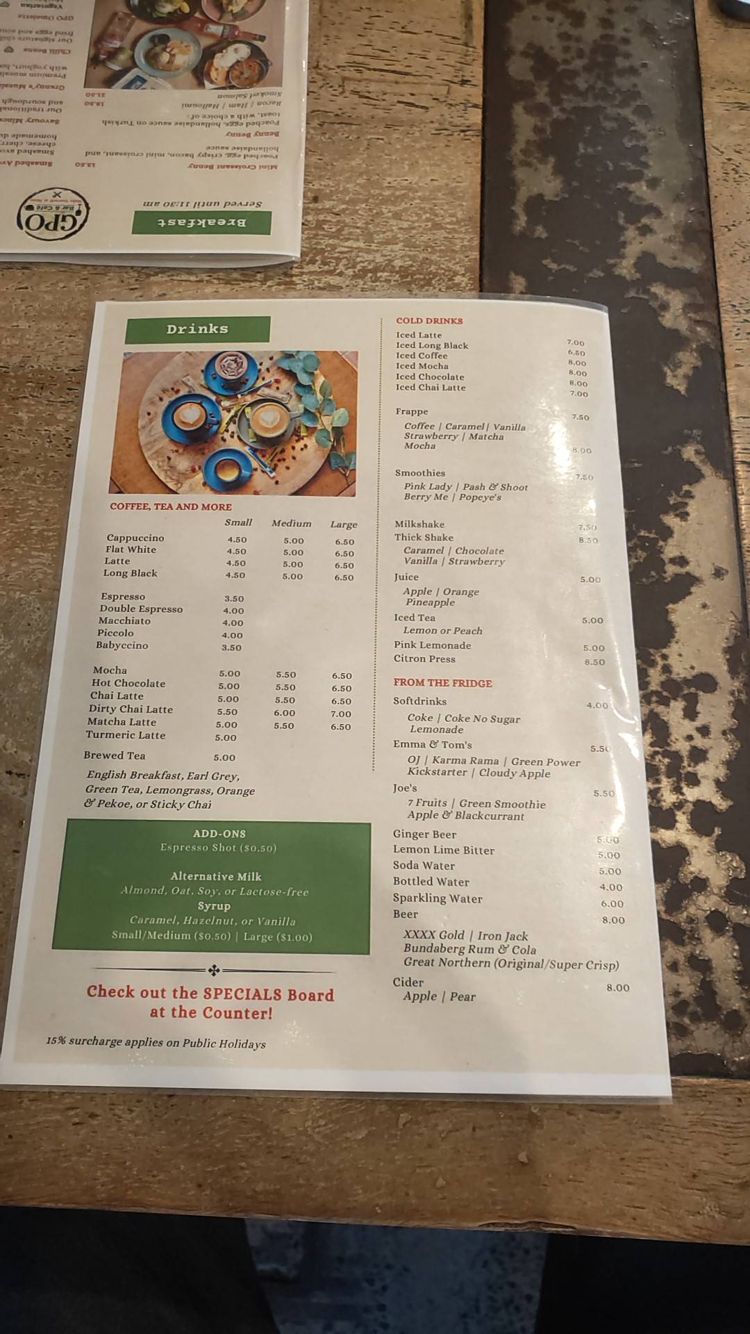Menu at GPO Bar & Cafe, Toowoomba City