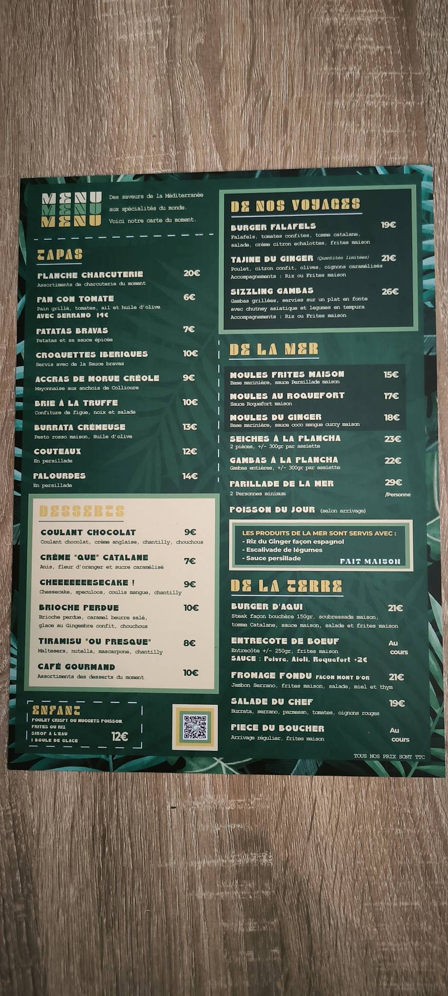 Menu de Ginger Restaurant - Canet Plage