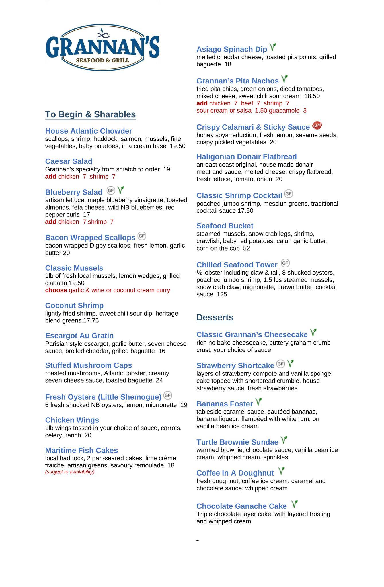 Menu at Grannan's Seafood restaurant, Saint John