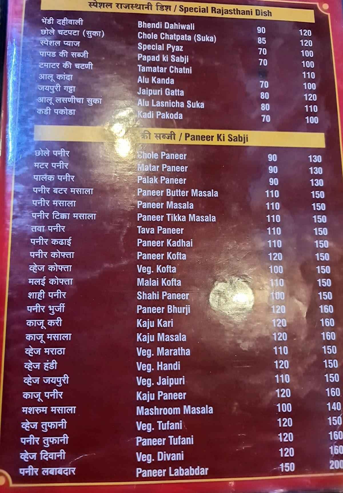 Hotel Rajasthani Rasoi menu
