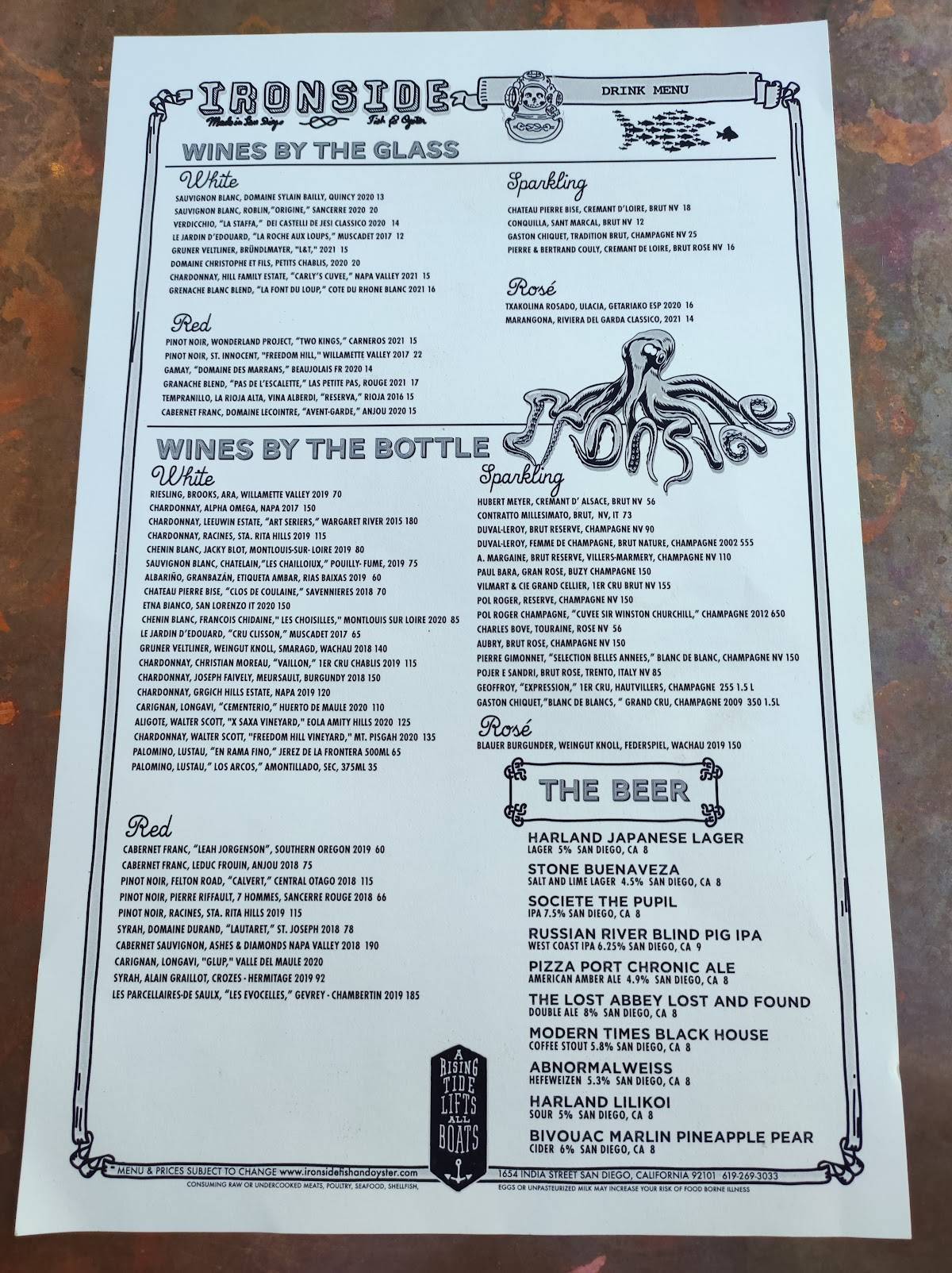 Menu at Ironside Fish & Oyster Bar, San Diego, India St