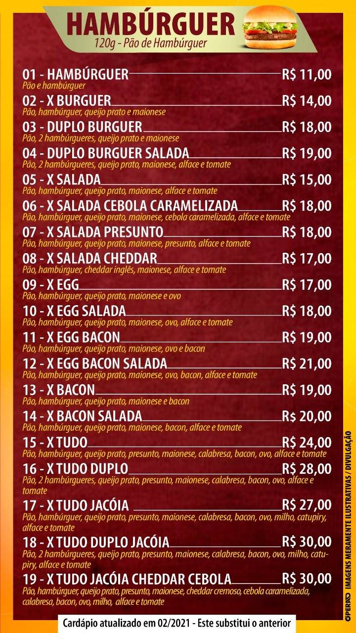 Jacoia lanches cardápio