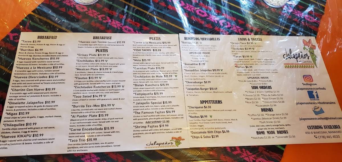 Menu at Jalapeños Mexican Food restaurant, Nanaimo