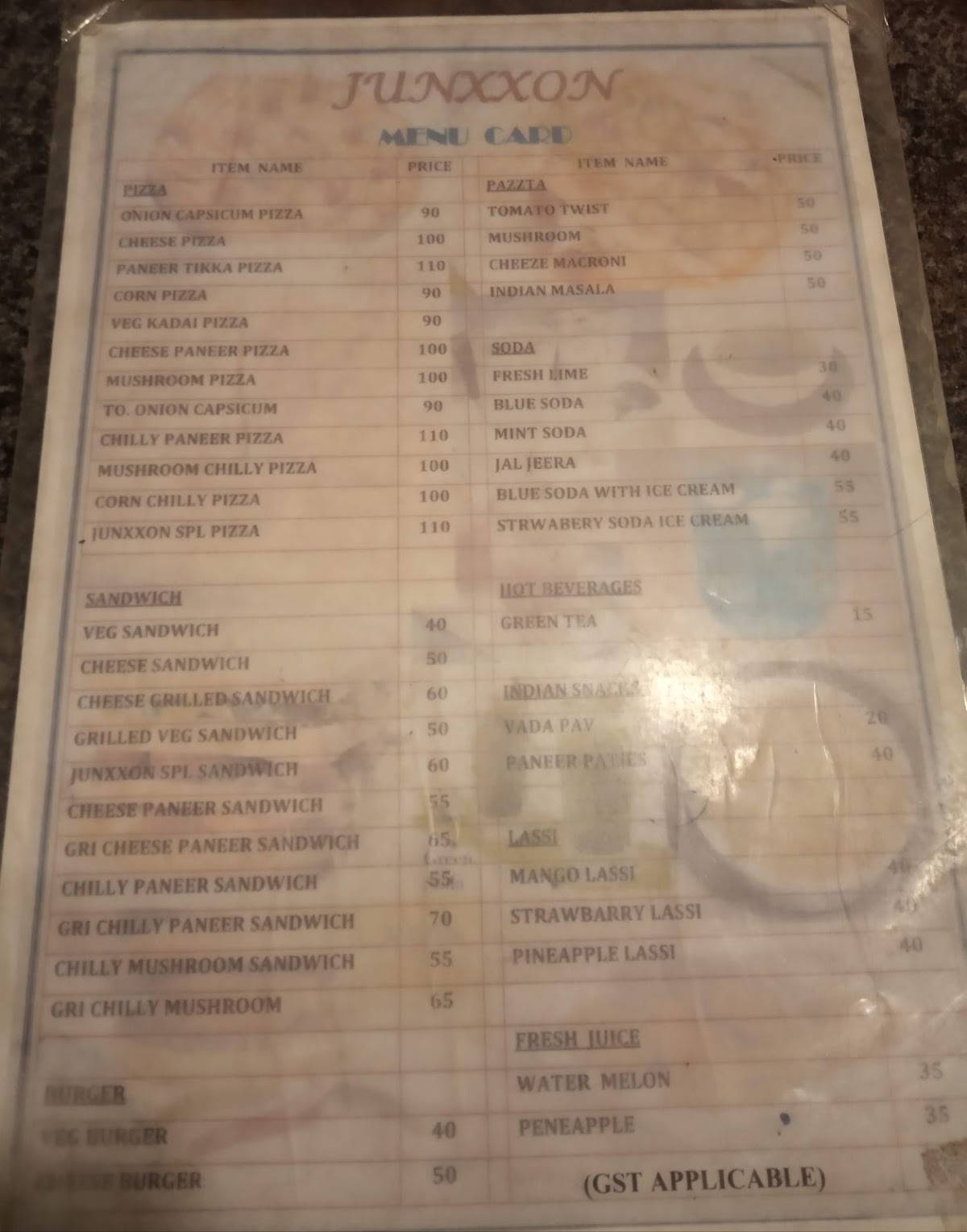 Junxxon menu