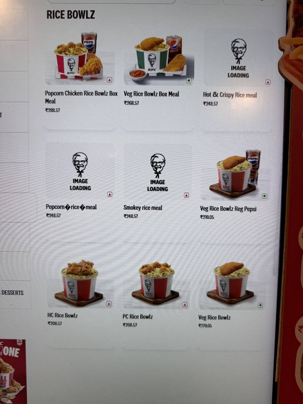 KFC menu