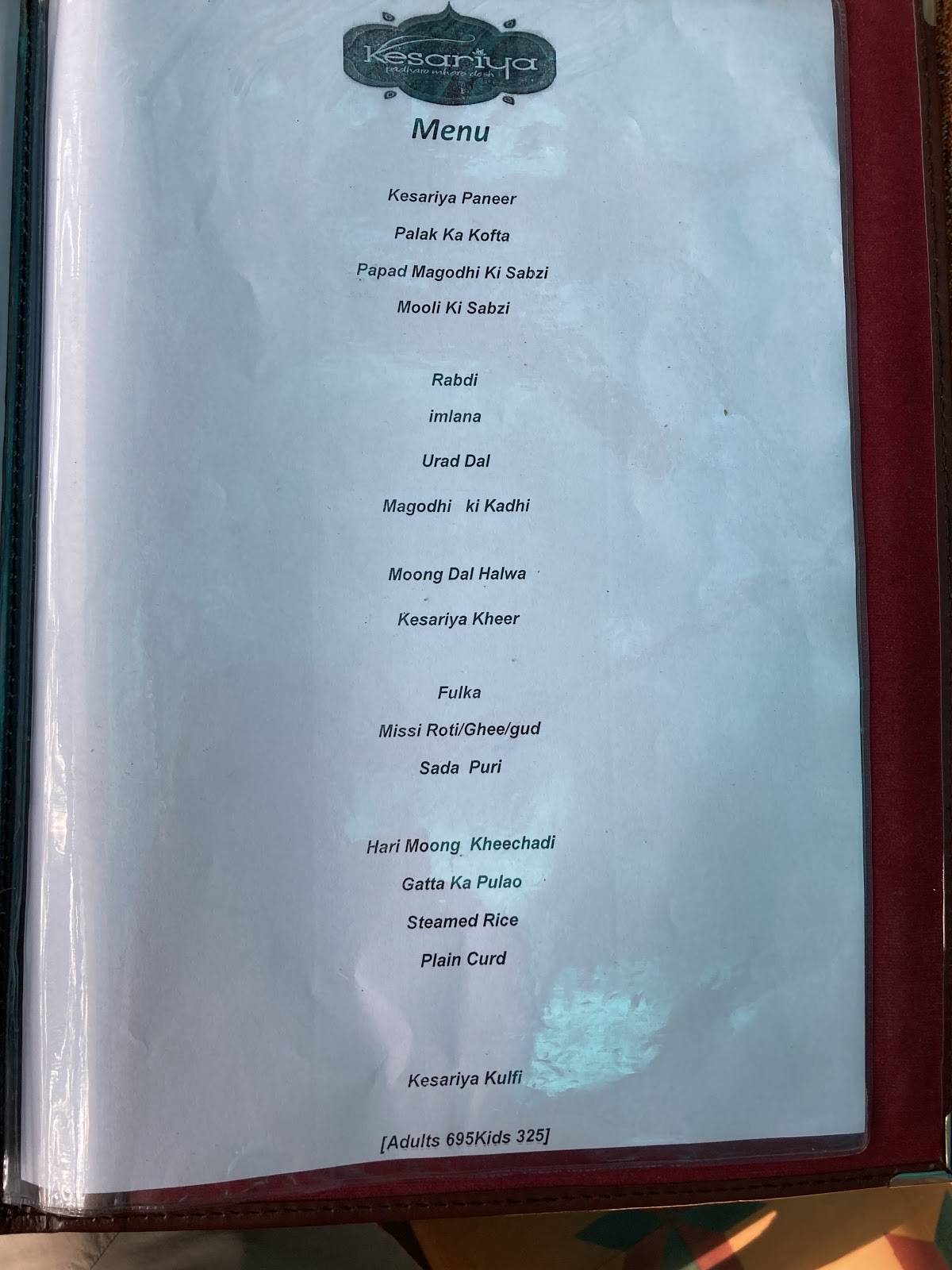 Kesariya Restaurant menu
