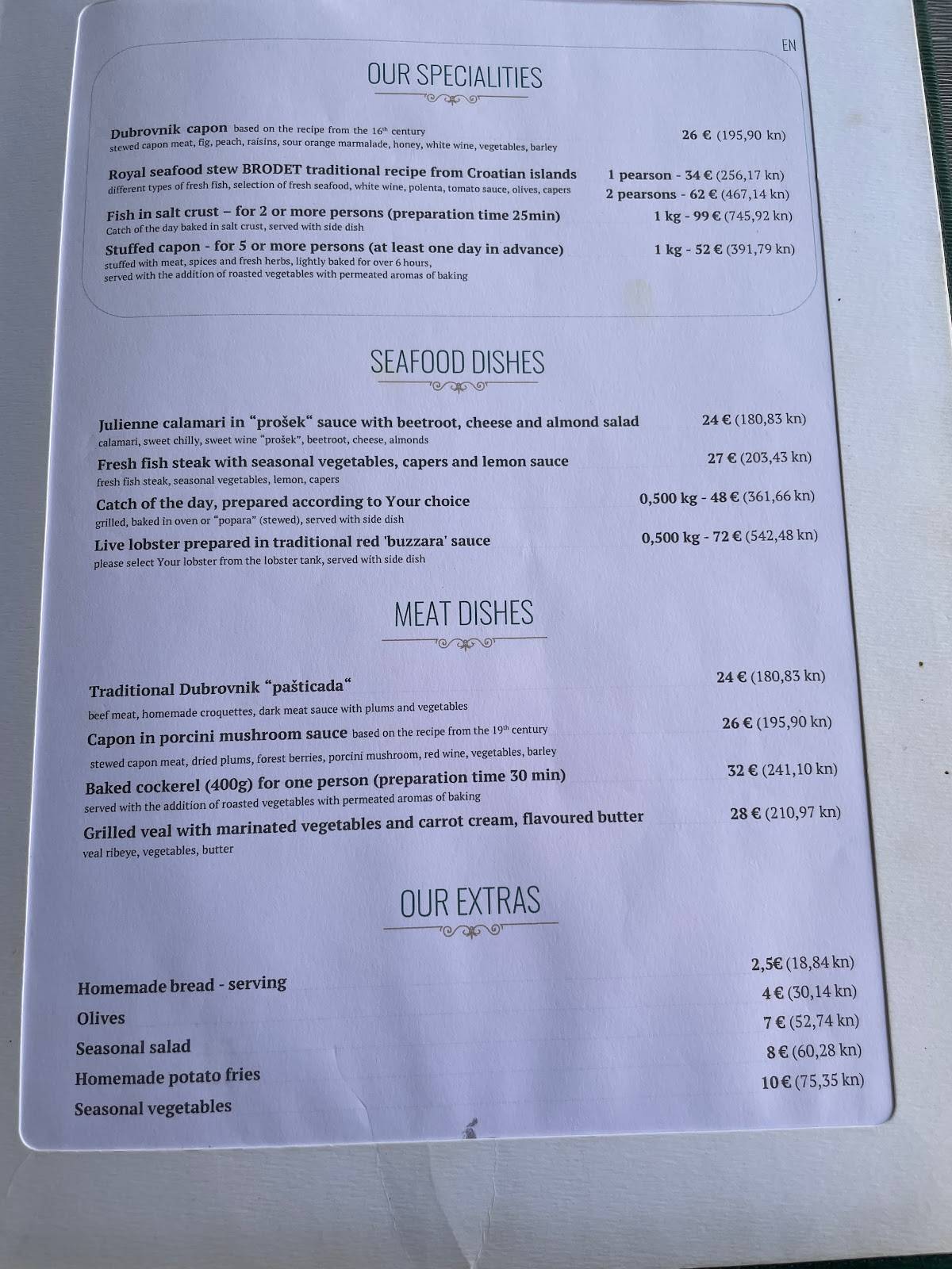 Menu at Restaurant Kopun, Dubrovnik