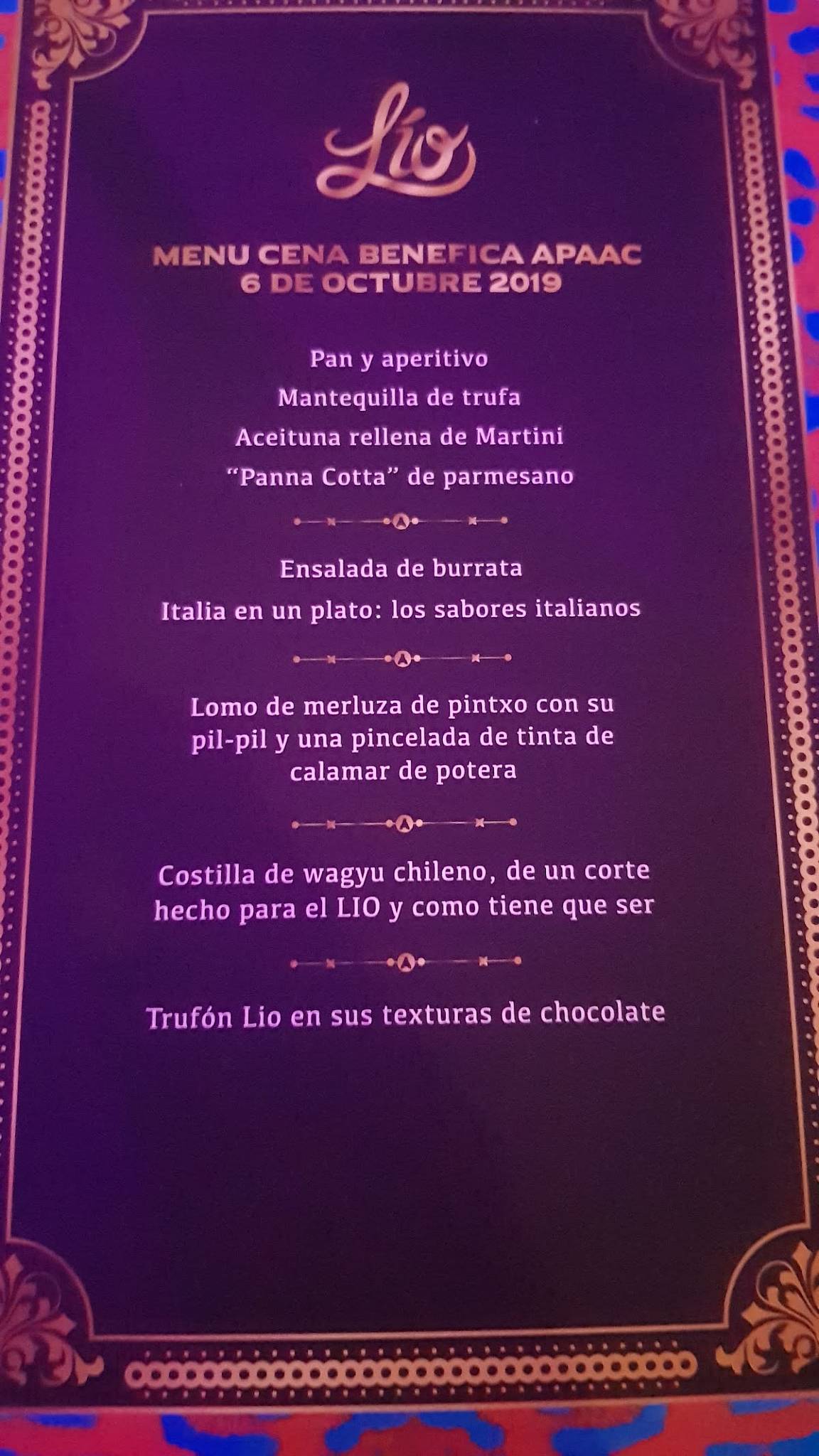Menu at Lío restaurant, Ibiza, Passeig Joan Carles I