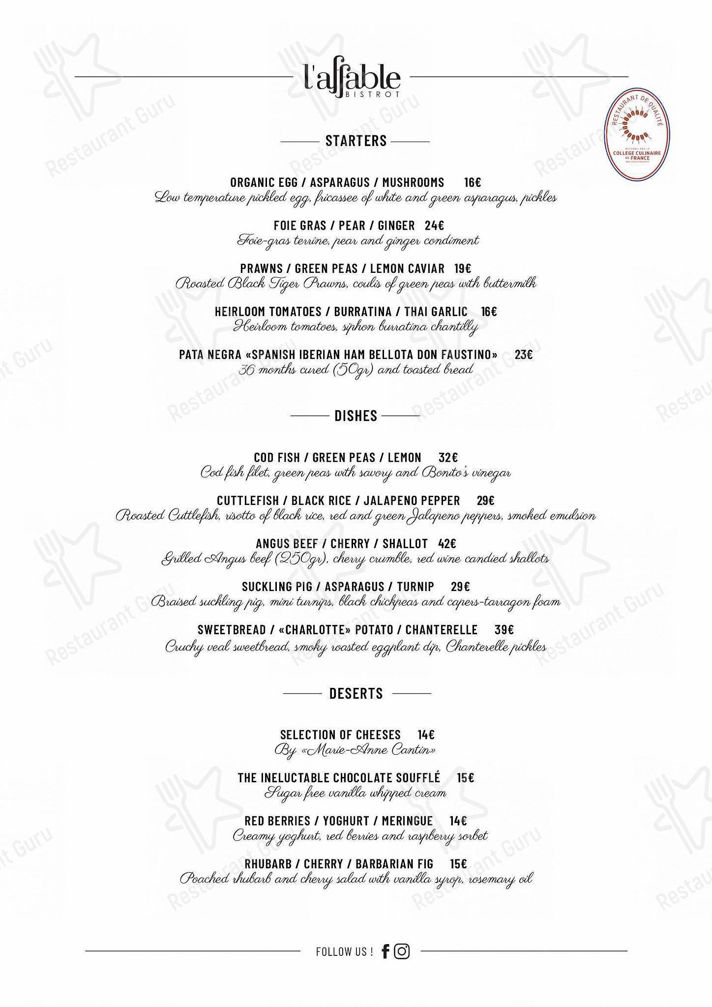 Menu bistro pour L'Affable restaurant