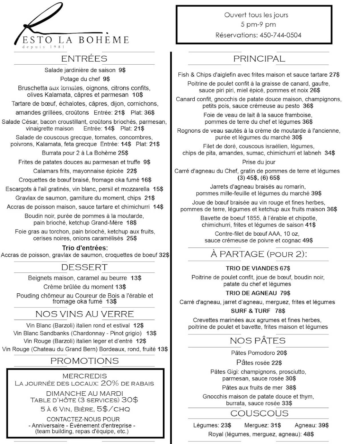 Menu de Bohème