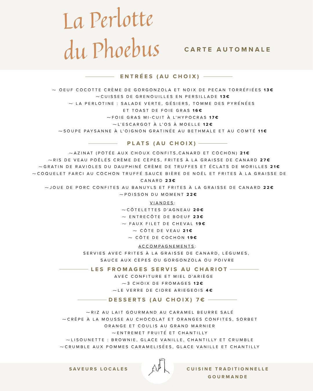 Menu de La Perlotte du Phoebus