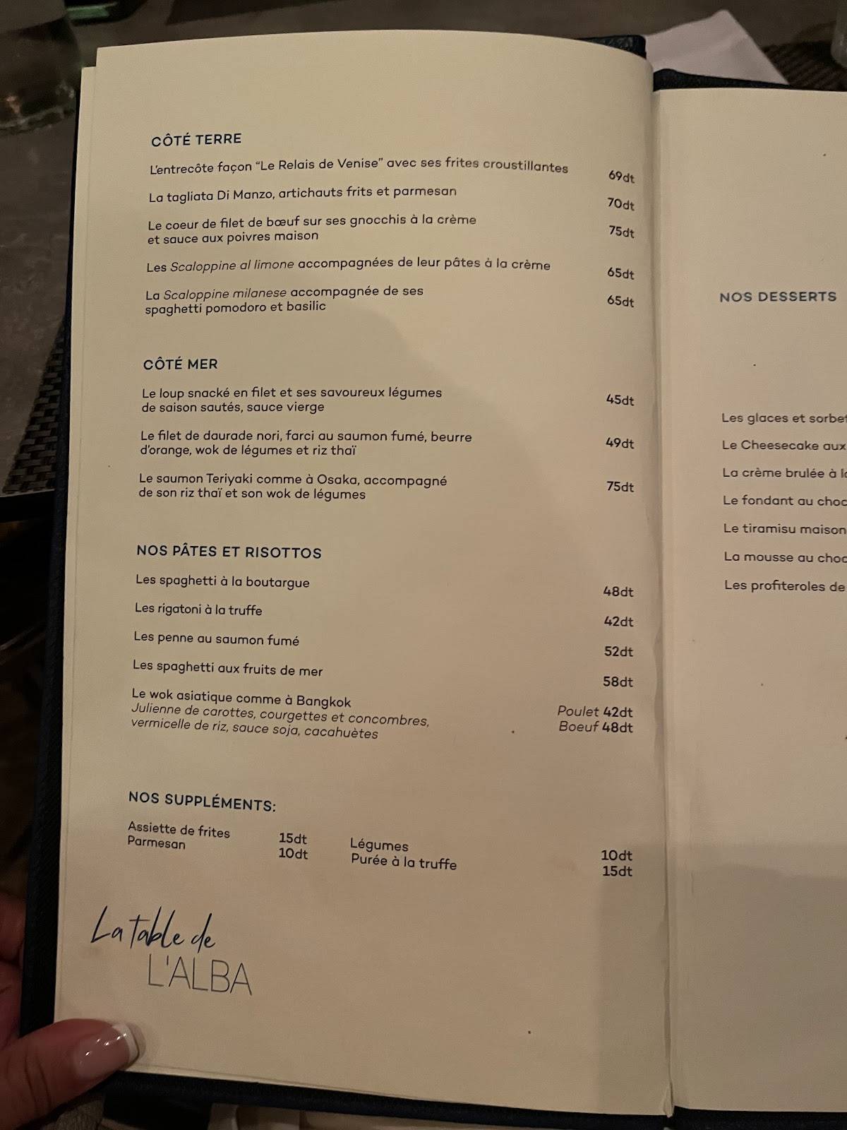 Menu de La Table de L'Alba