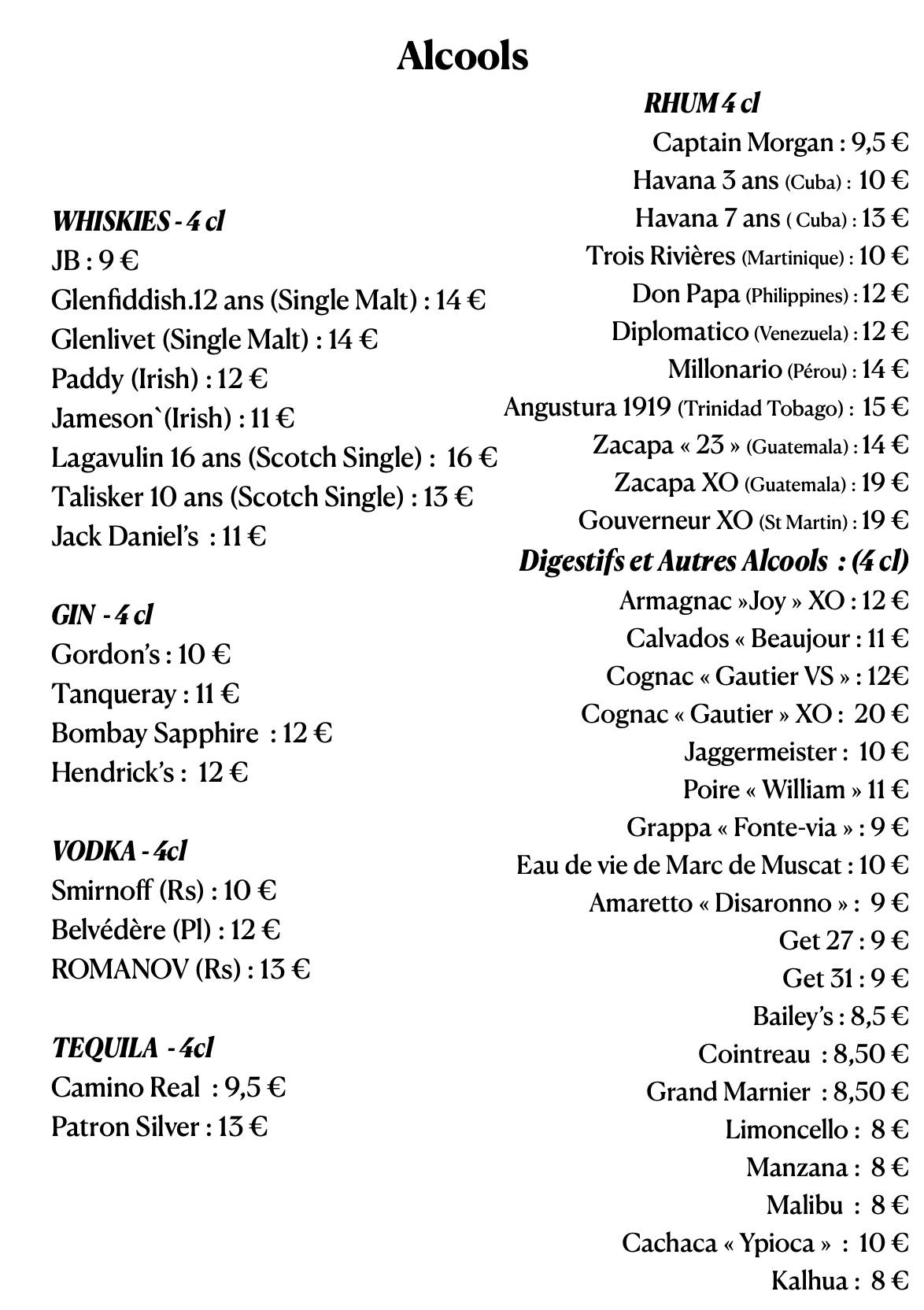 Menu de La Vita