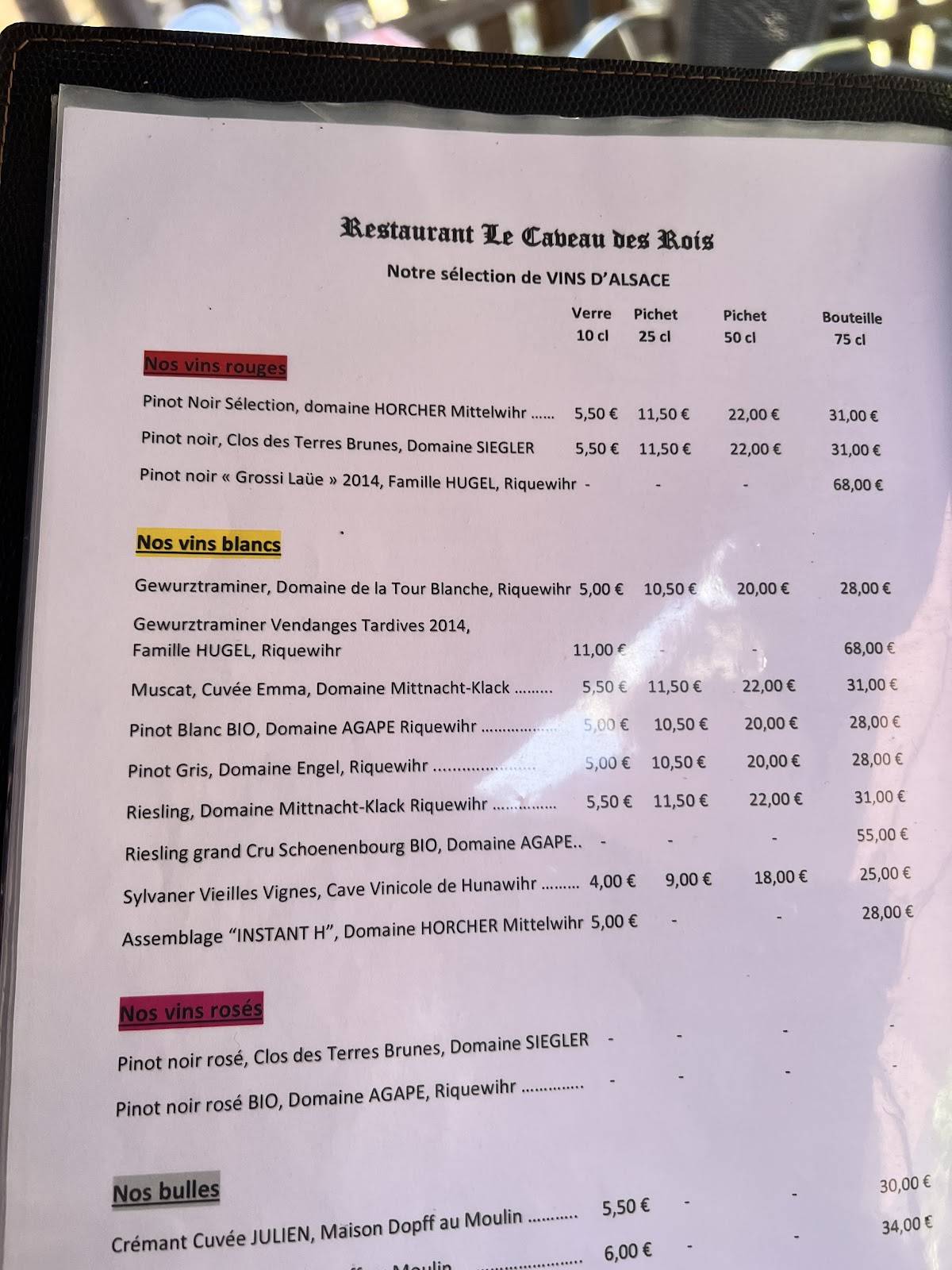 Menu de Le Caveau des Rois