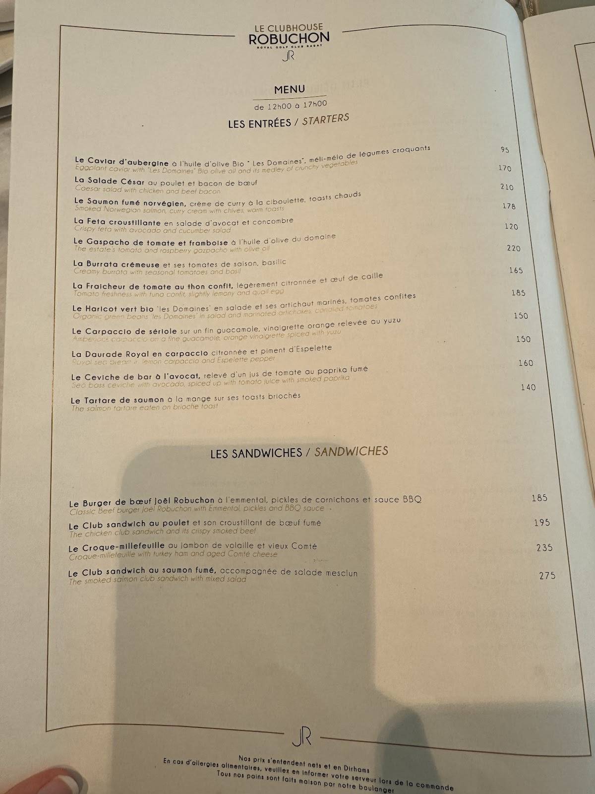 Menu de Le Clubhouse Robuchon