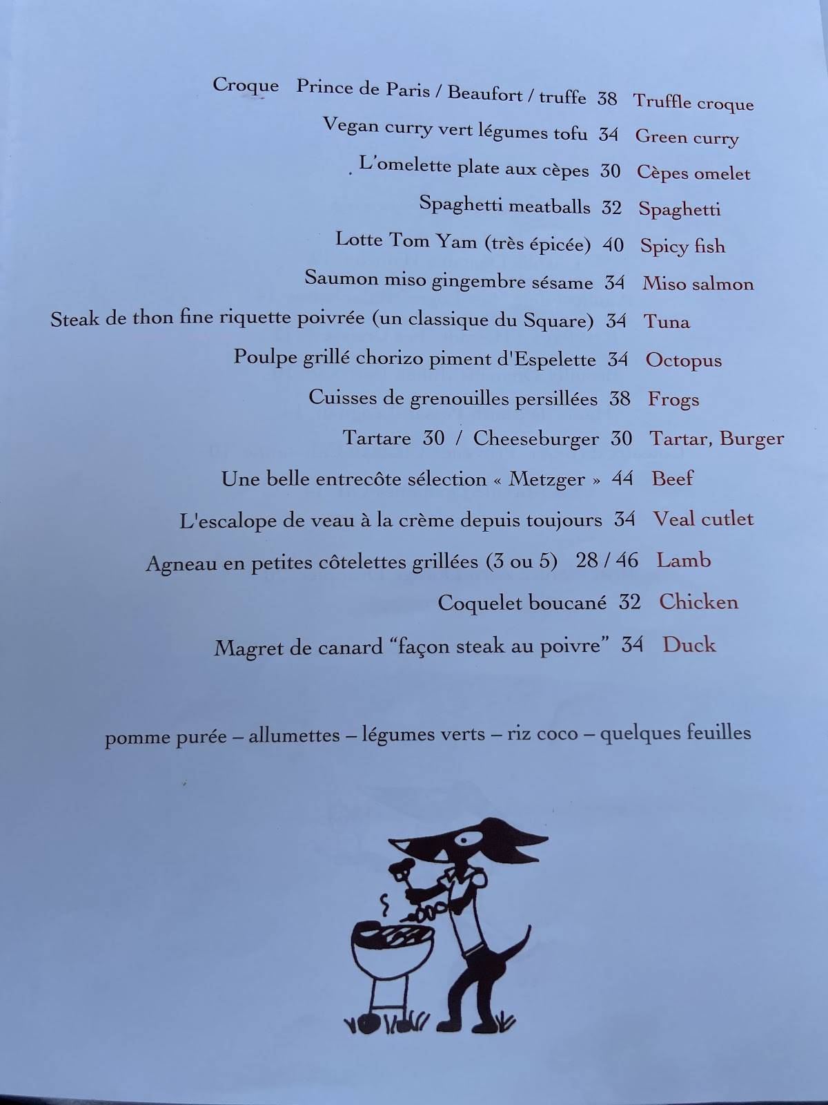 Menu de Le Square Trousseau