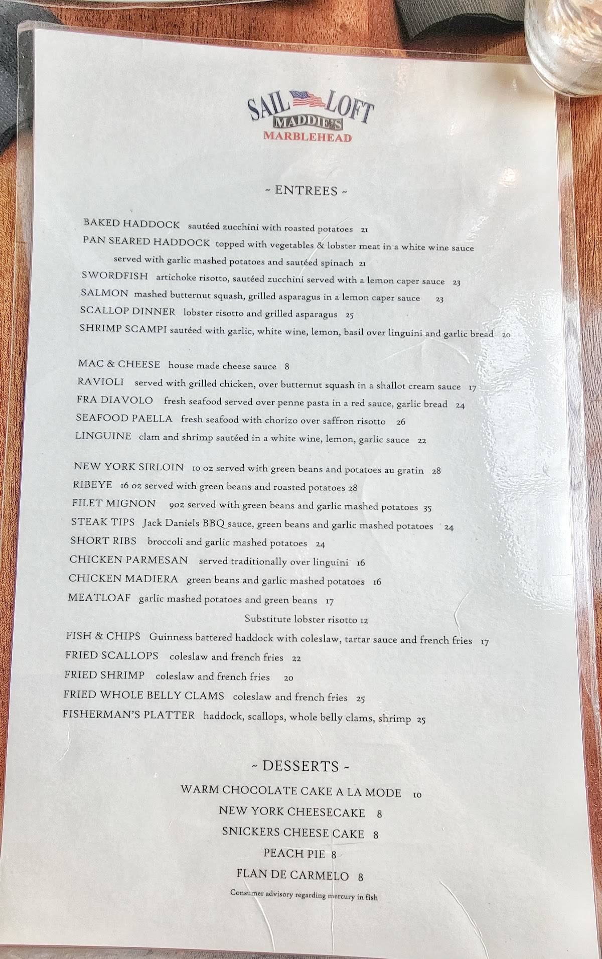 Menu at Maddie's Sail Loft pub & bar, Marblehead