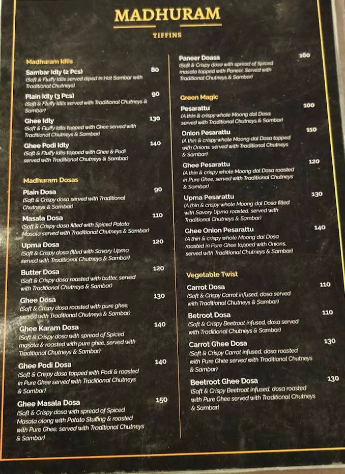Madhuram Tiffins Indore menu