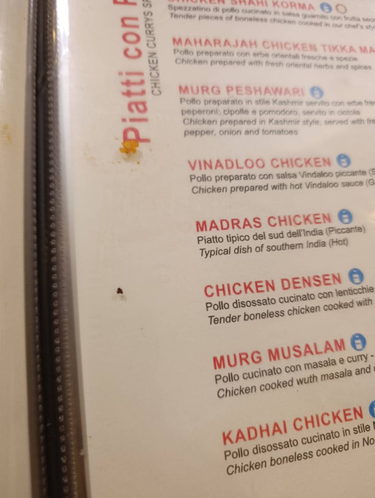 Menu de Maharajah
