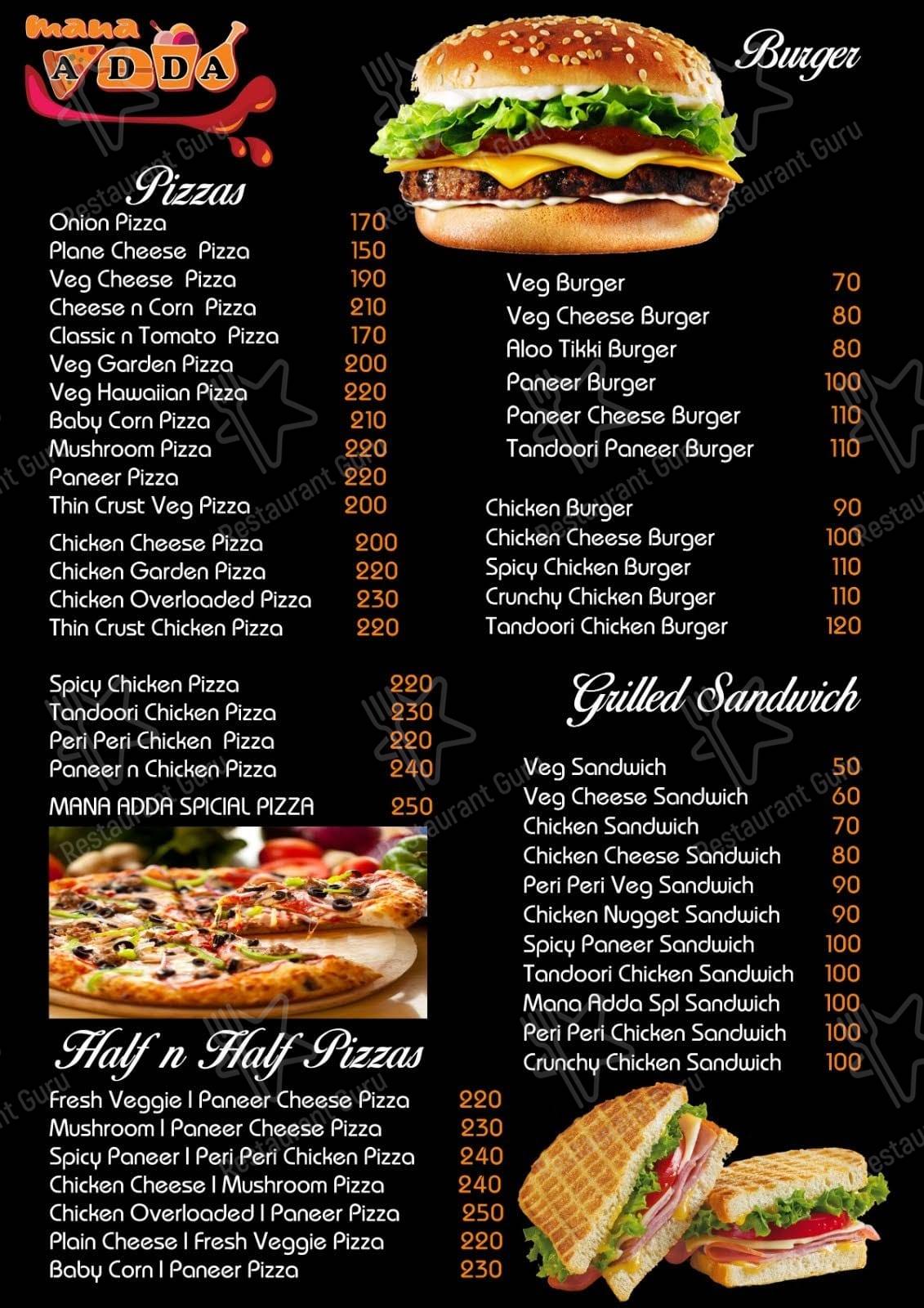 Menu for the Mana ADDA restaurant