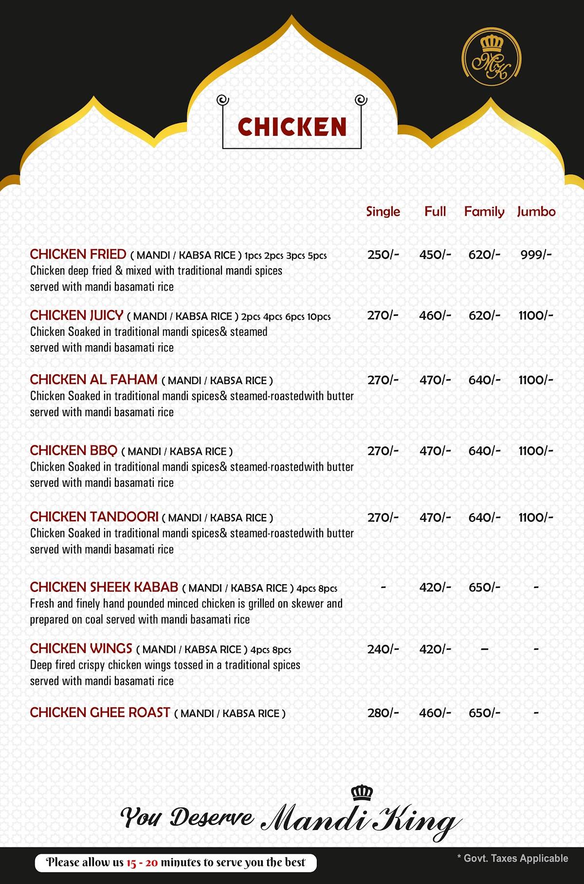 Mandi King Arabian Restaurant menu