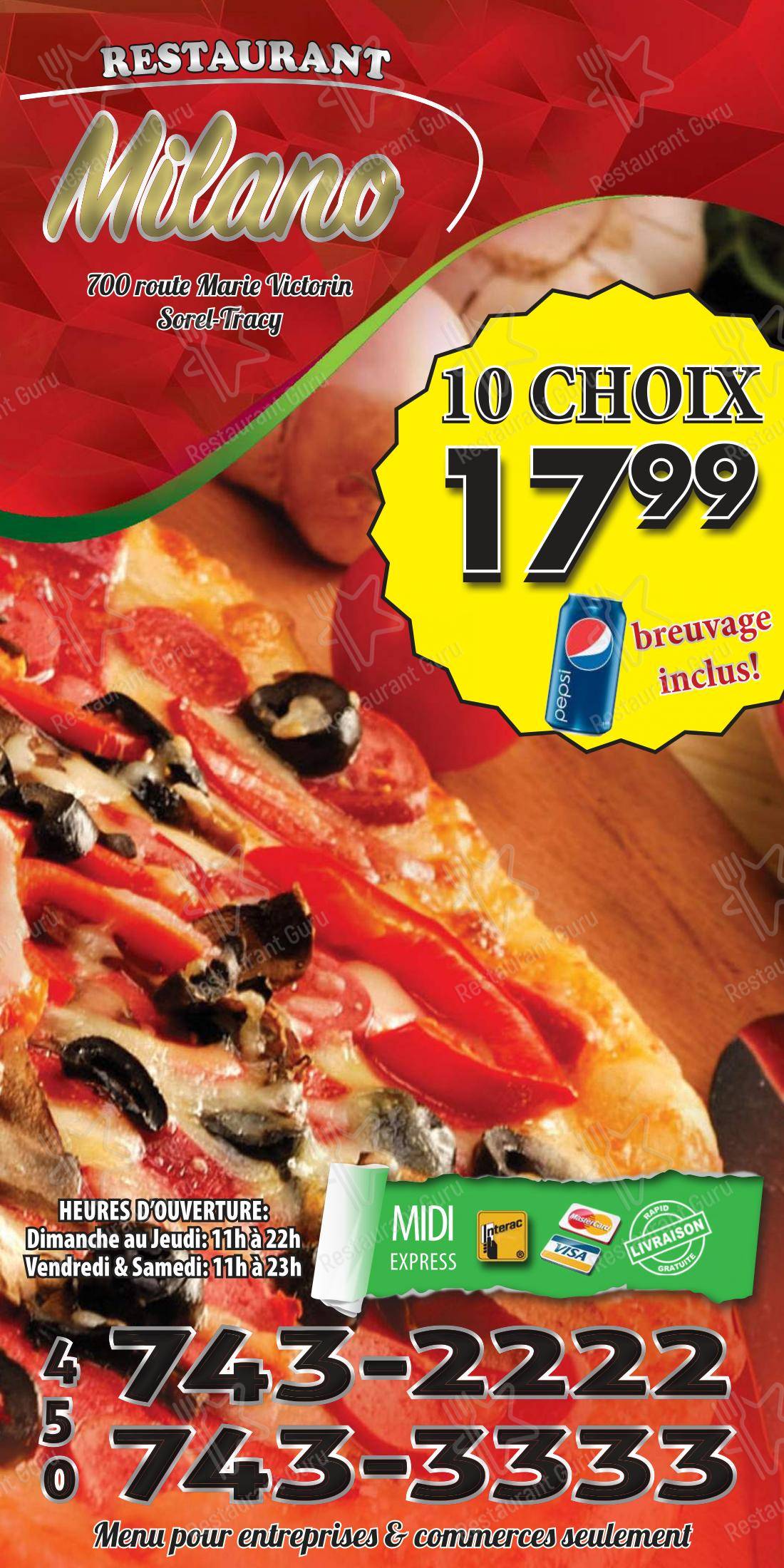 Menu bar pour Restaurant Milano Pizza dans Sorel-Tracy