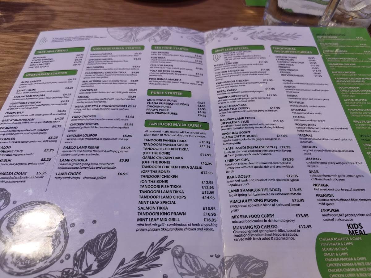 Menu at Mint leaf Nepalese and indian restaurant, Stirling