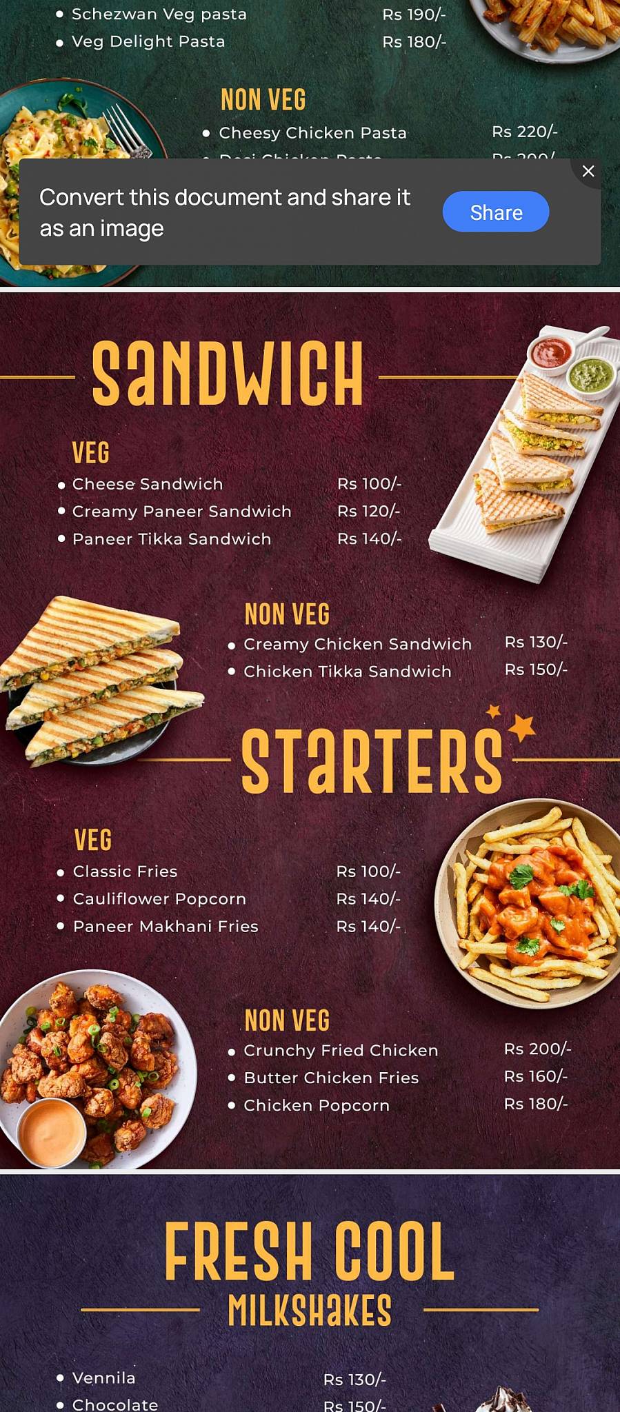 Moto Space Restaurant & party Hall A/C menu