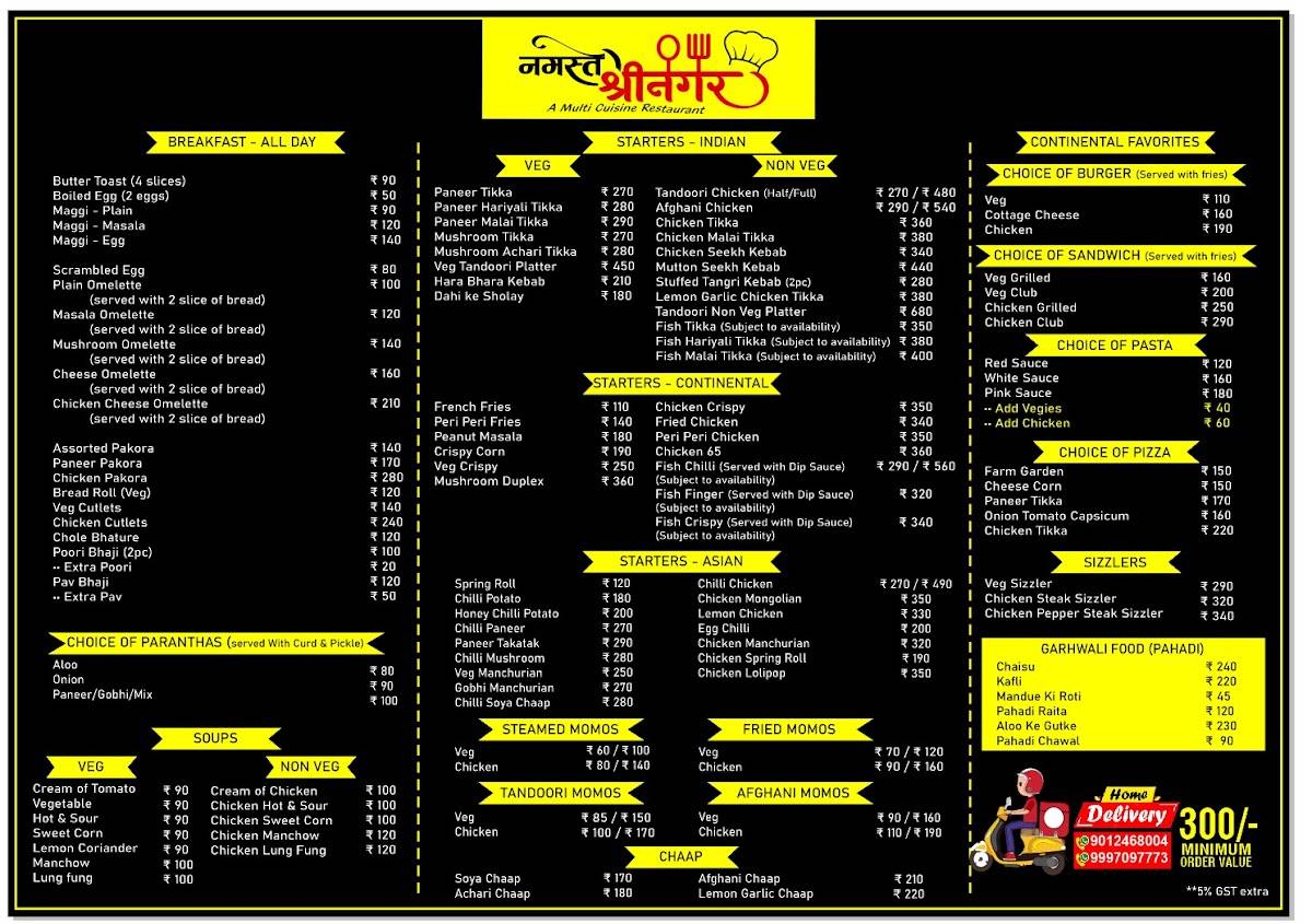 Namaste Srinagar- A multi cuisine restaurant menu