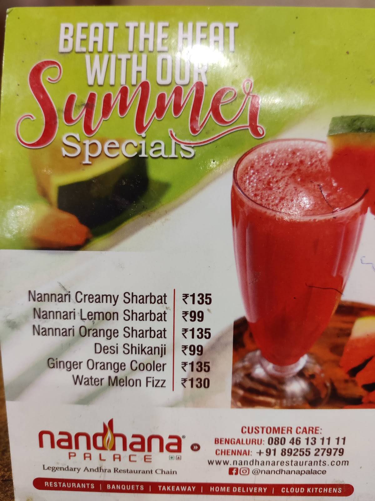 Nandhana Palace - Andhra Style Restaurant - KR Puram menu