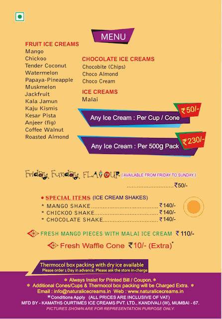 Naturals Ice Cream menu