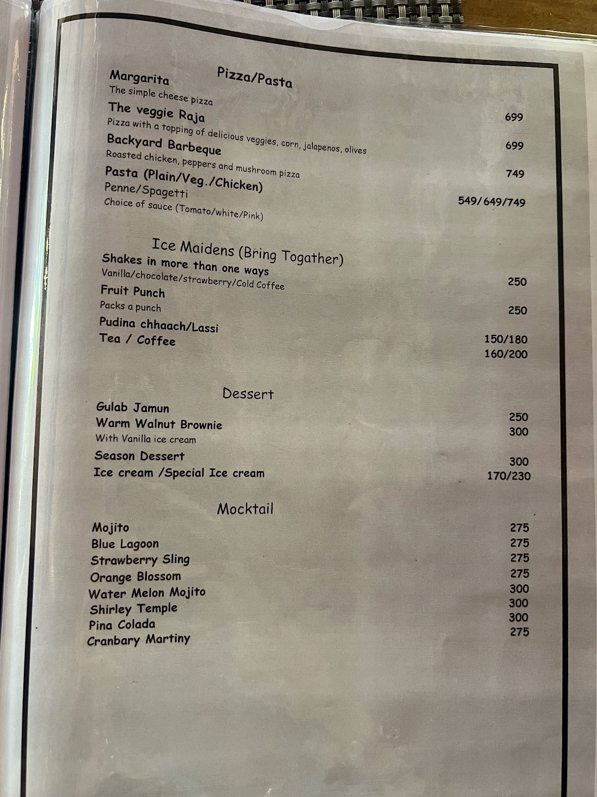 On The Rocks menu