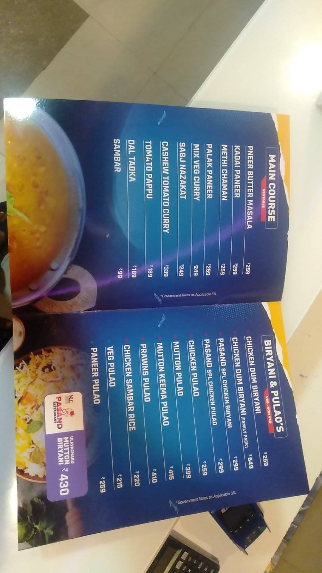 PASAND RESTAURANT menu