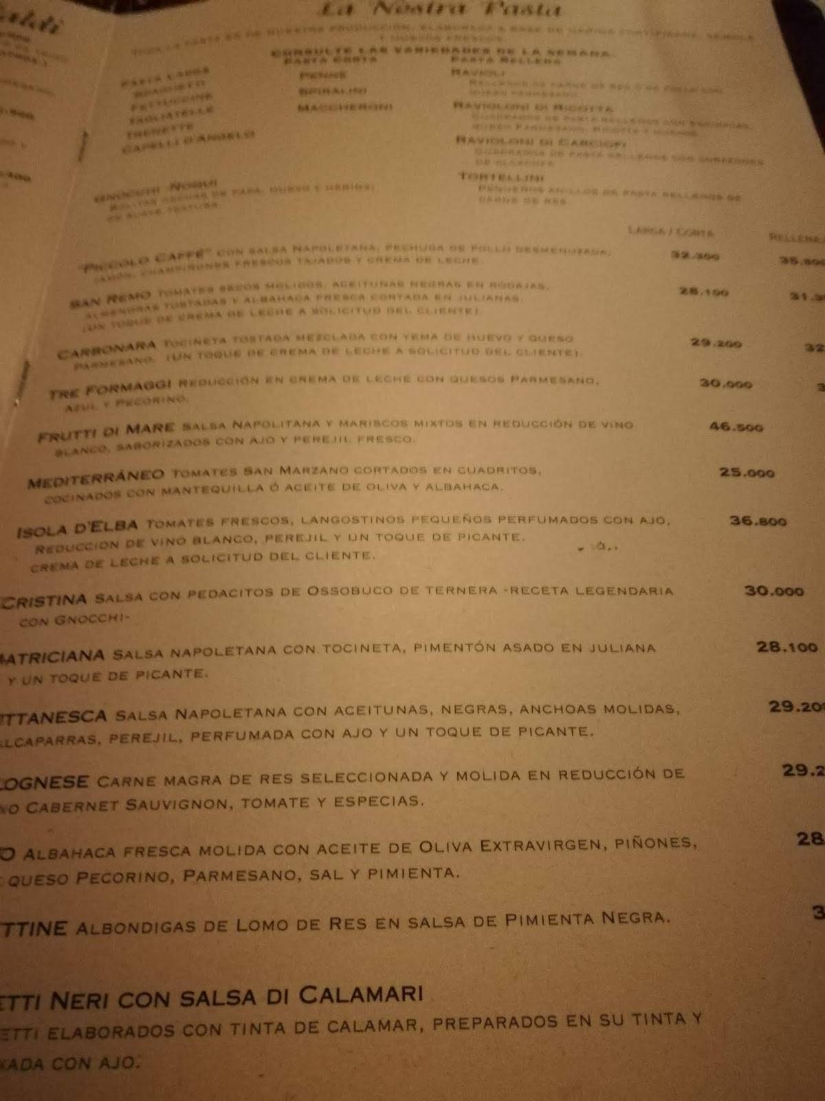 Carta de Piccolo Caffe Restaurante, Bogotá