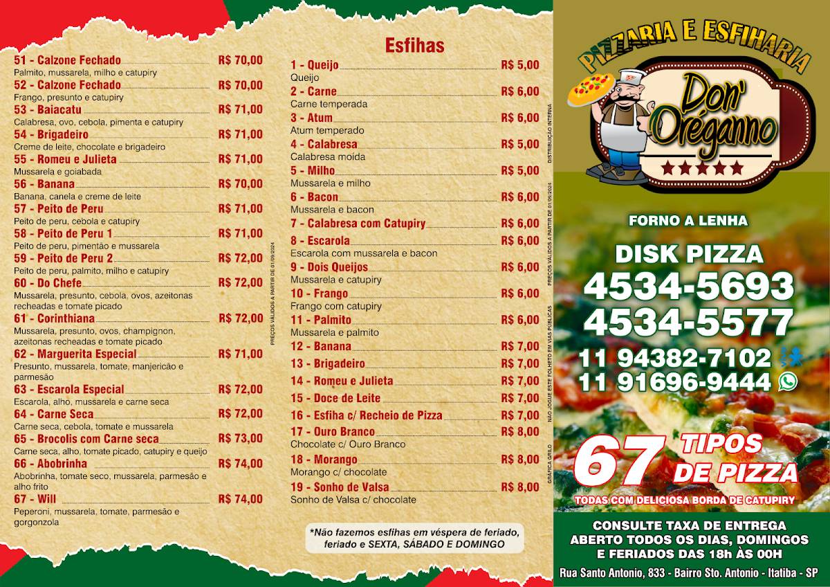 Pizzaria e Esfiharia Don' Oréganno Itatiba cardápio