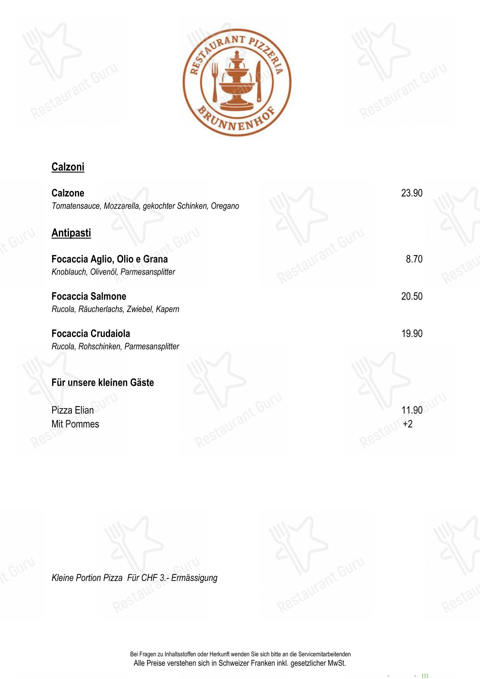 Menu per Restaurant Pizzeria Brunnenhof ristorante