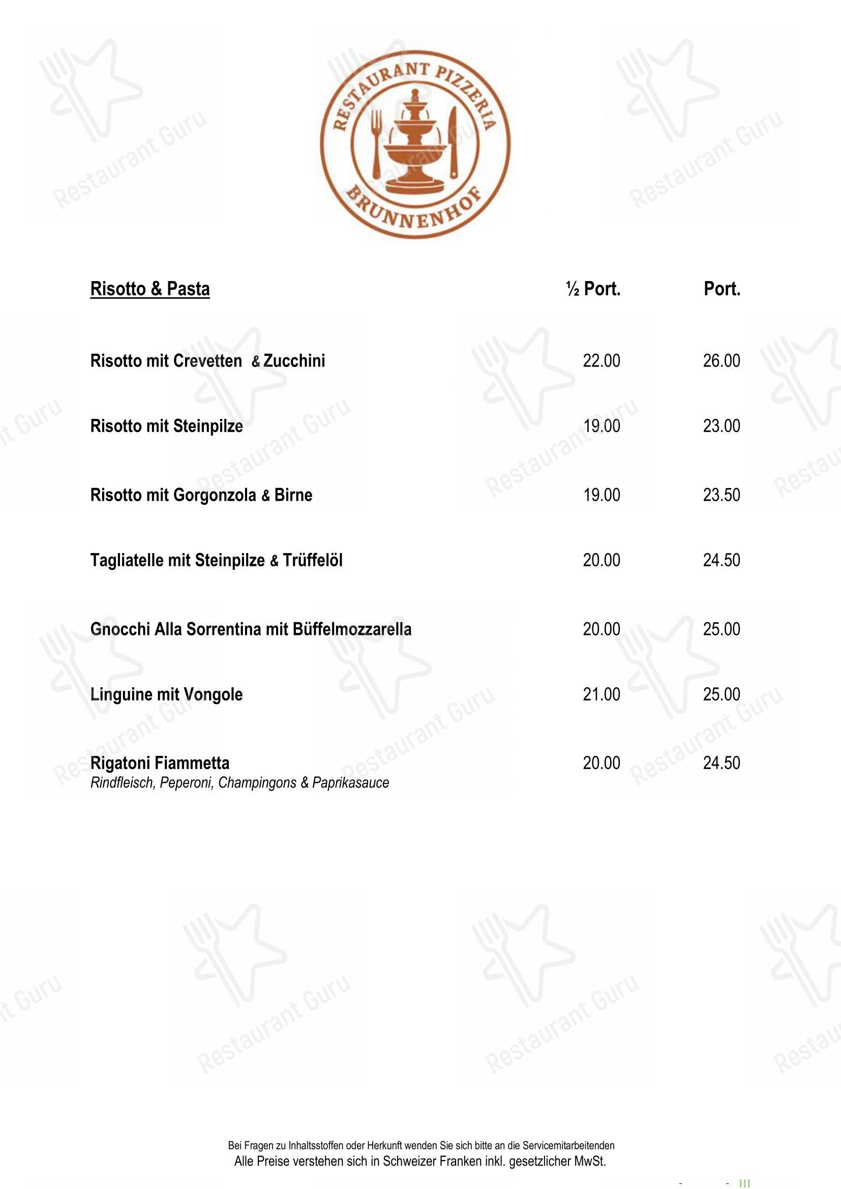 Restaurant Pizzeria Brunnenhof in Köniz - Menu