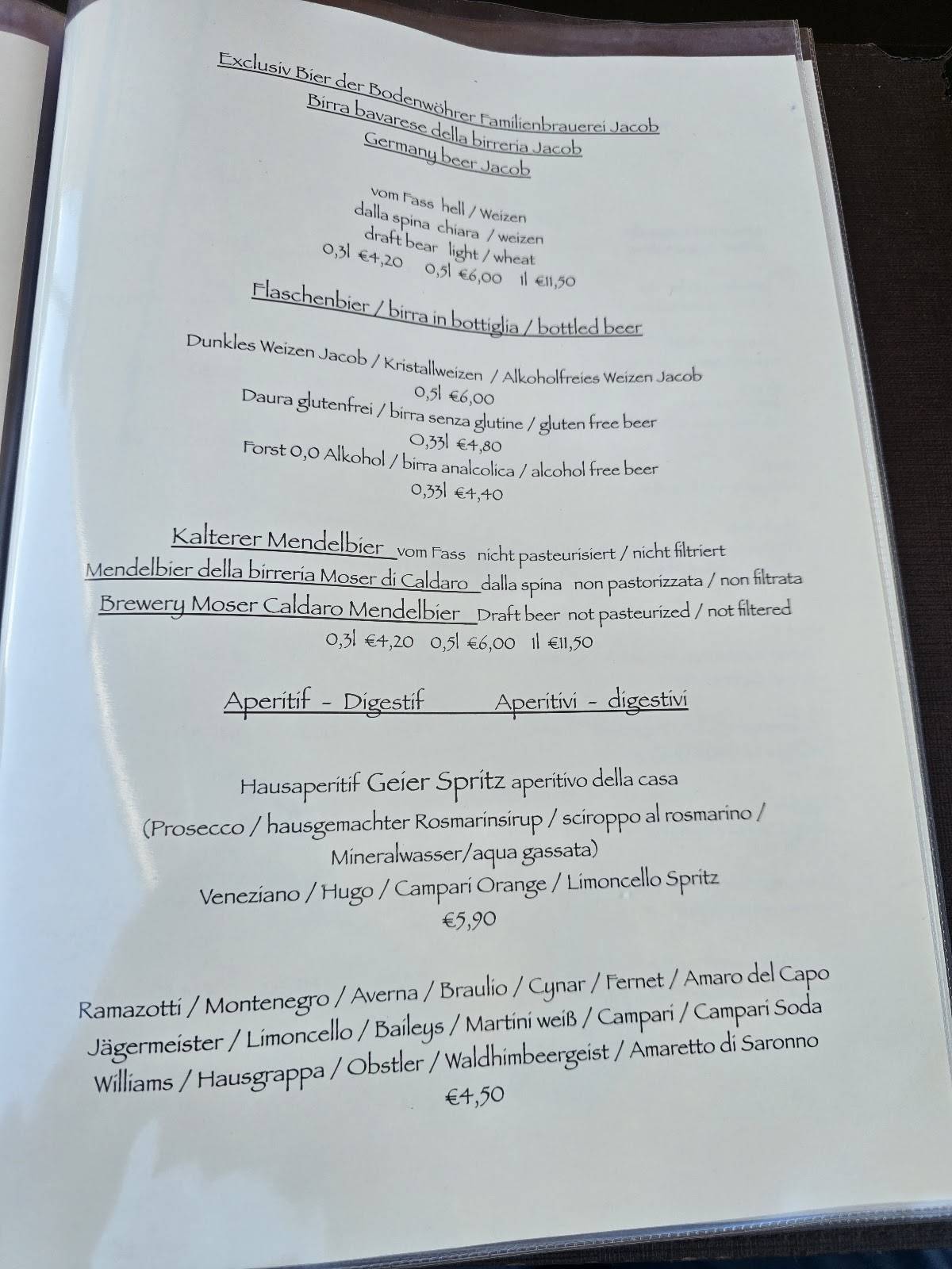 Menu di Ristorante Pizzeria Geier 