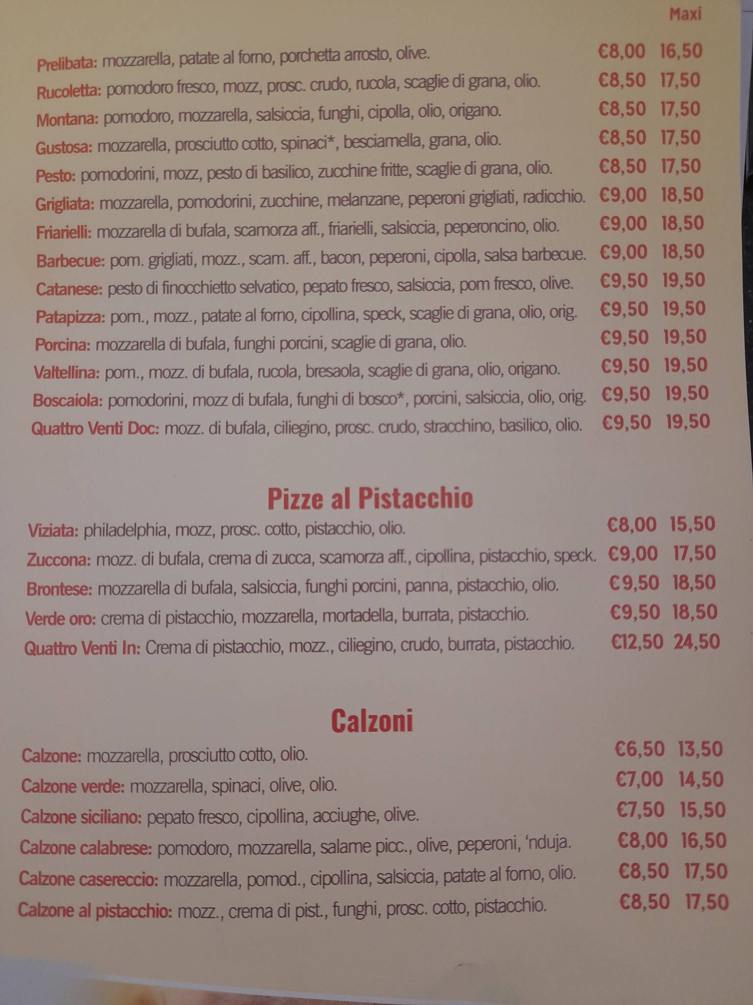Menu di Pizzeria Napoletana Ai quattro venti Dal 1992 