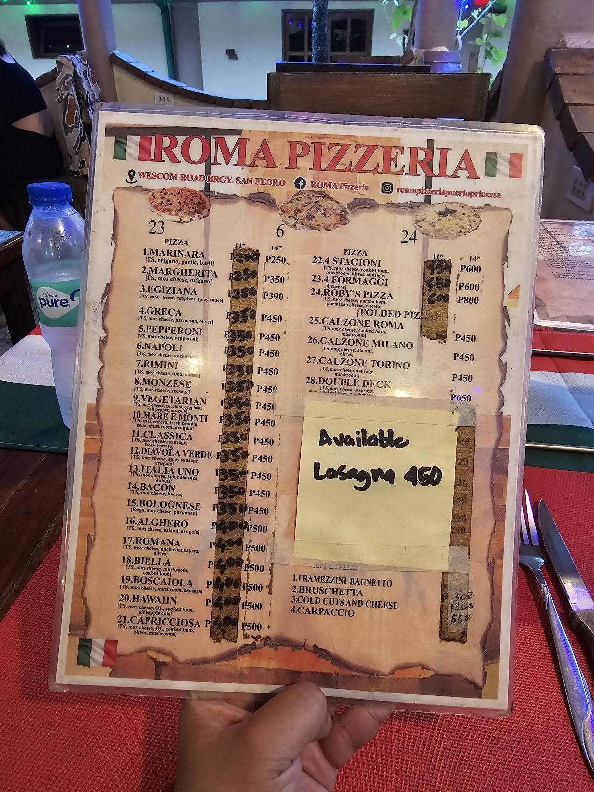 Menu at Pizzeria Roma, Puerto Princesa
