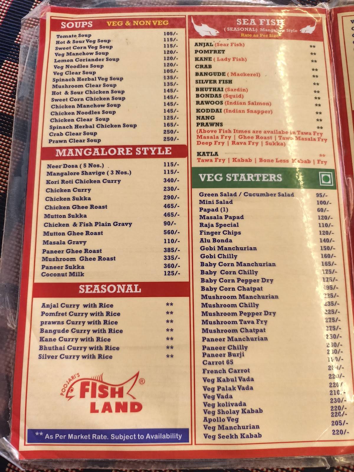 Poojari's Fish Land menu