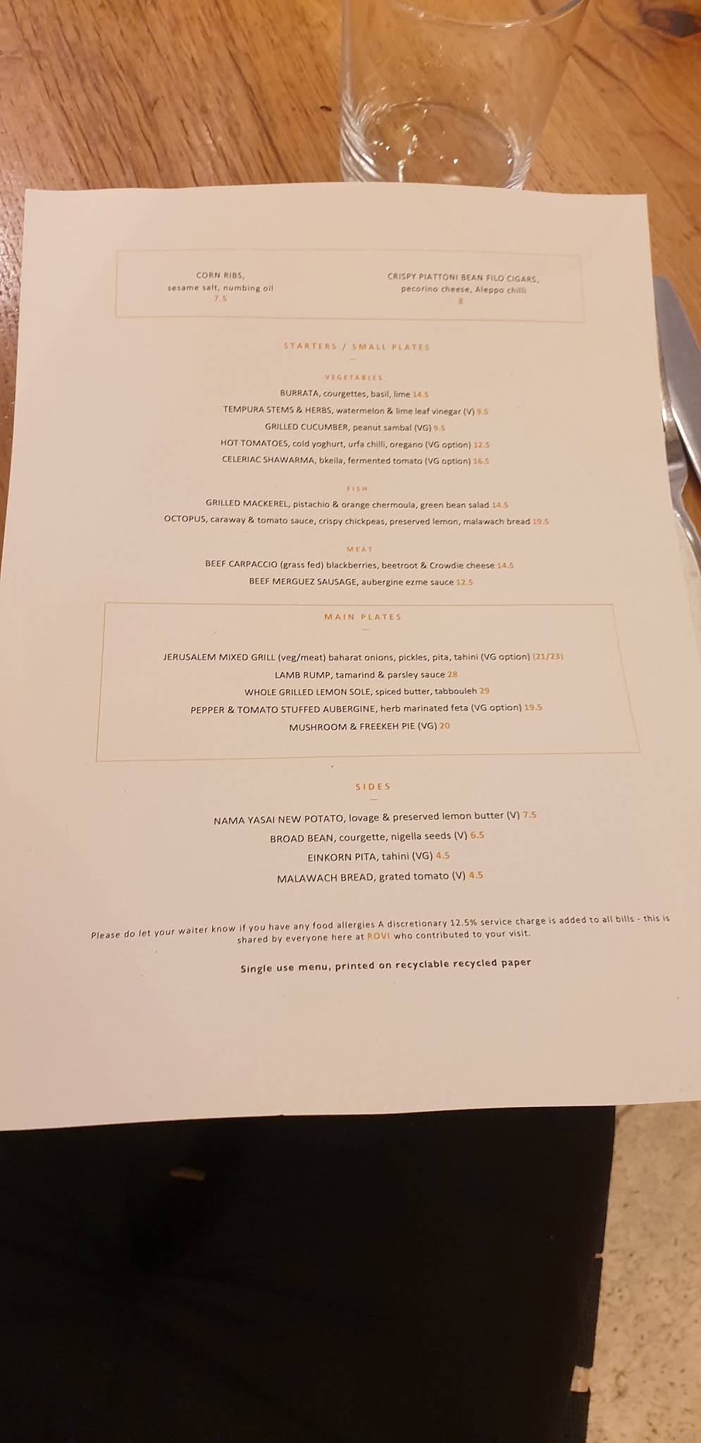 Menu at ROVI restaurant, London