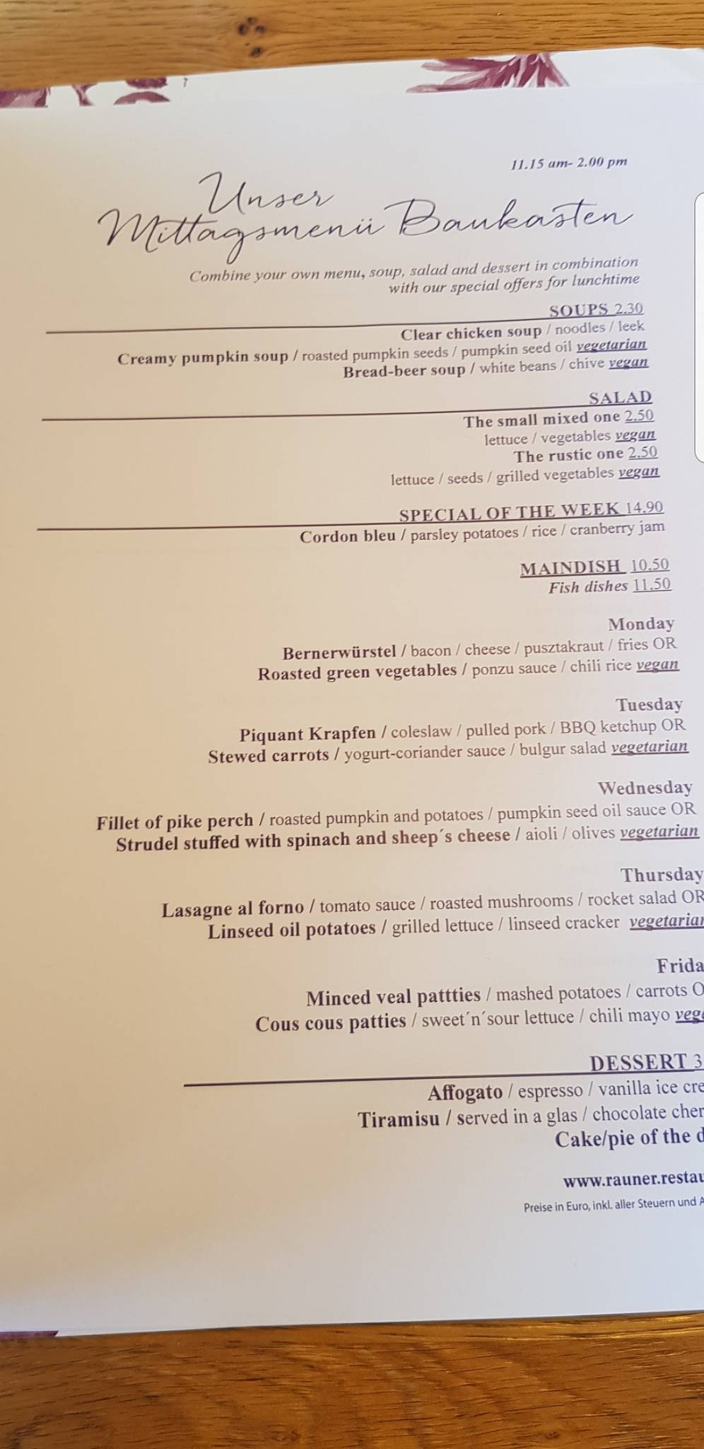 Menu de Restaurant Rauner