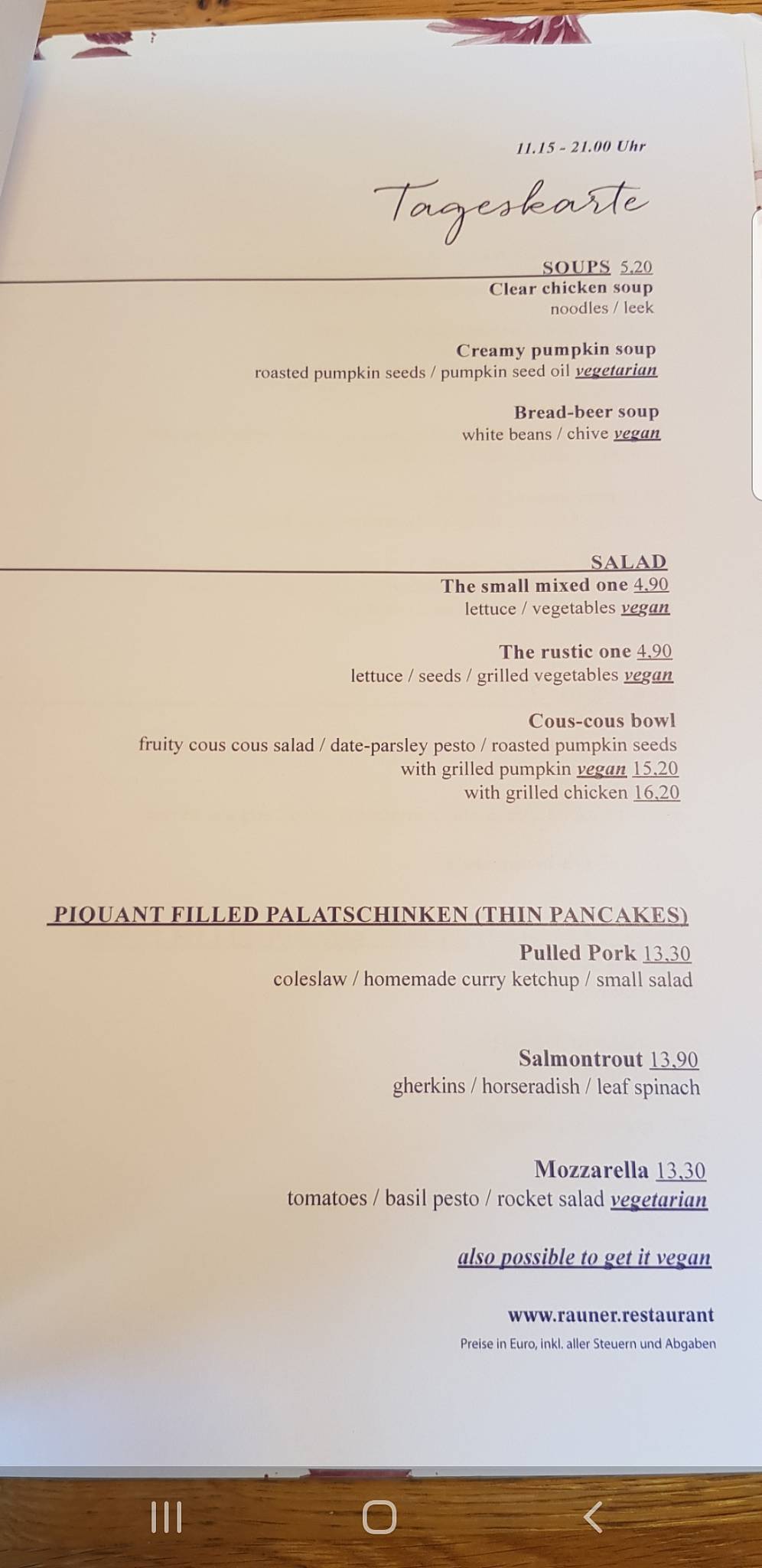 Menu de Restaurant Rauner