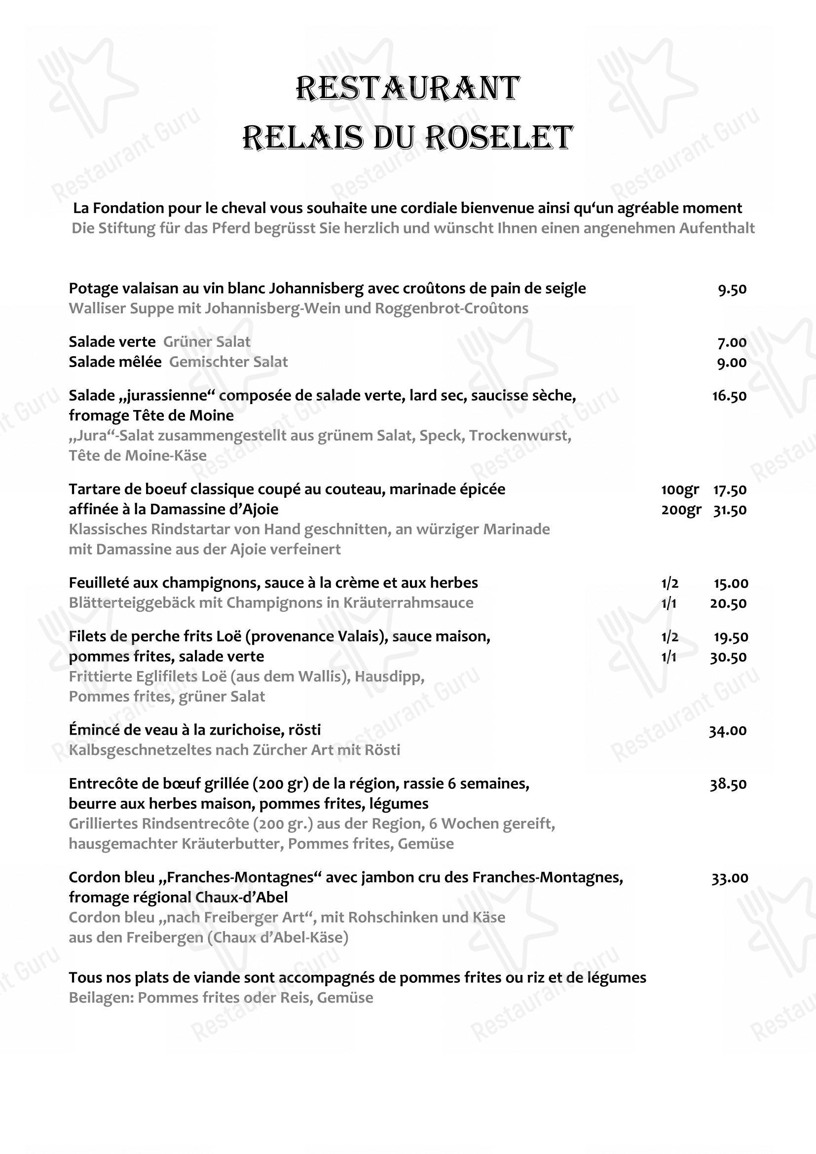 Restaurant «Relais du Roselet» in Les Breuleux - Menu