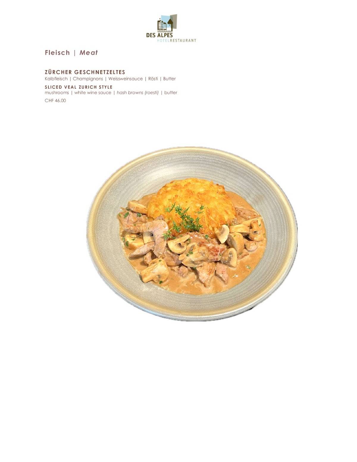 Menu di Restaurant Des Alpes 