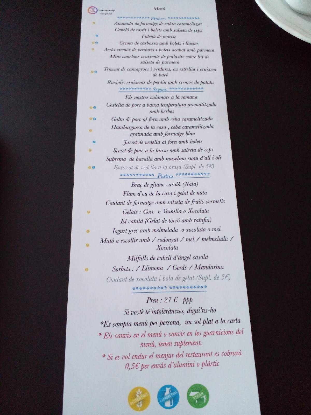 Menu at Restaurant El PI, El Pi de Sant Just