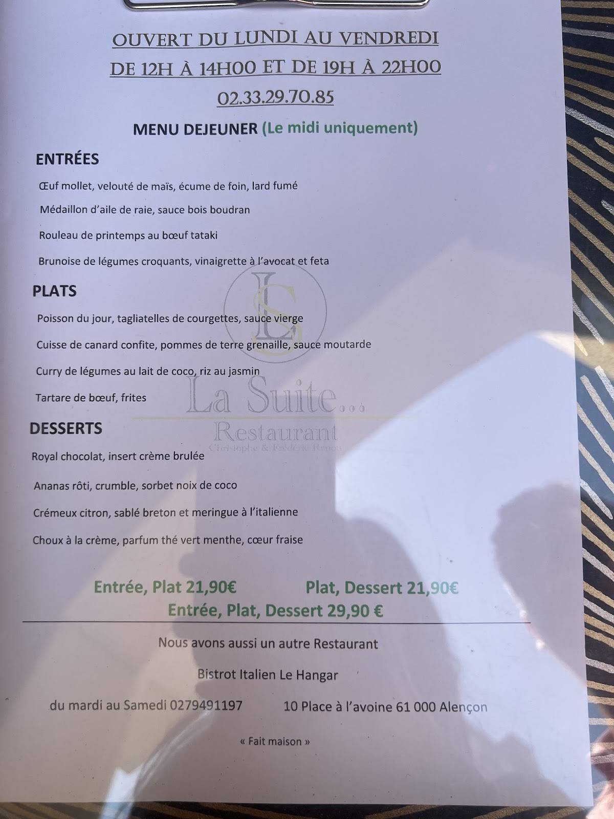 Menu de Restaurant La Suite