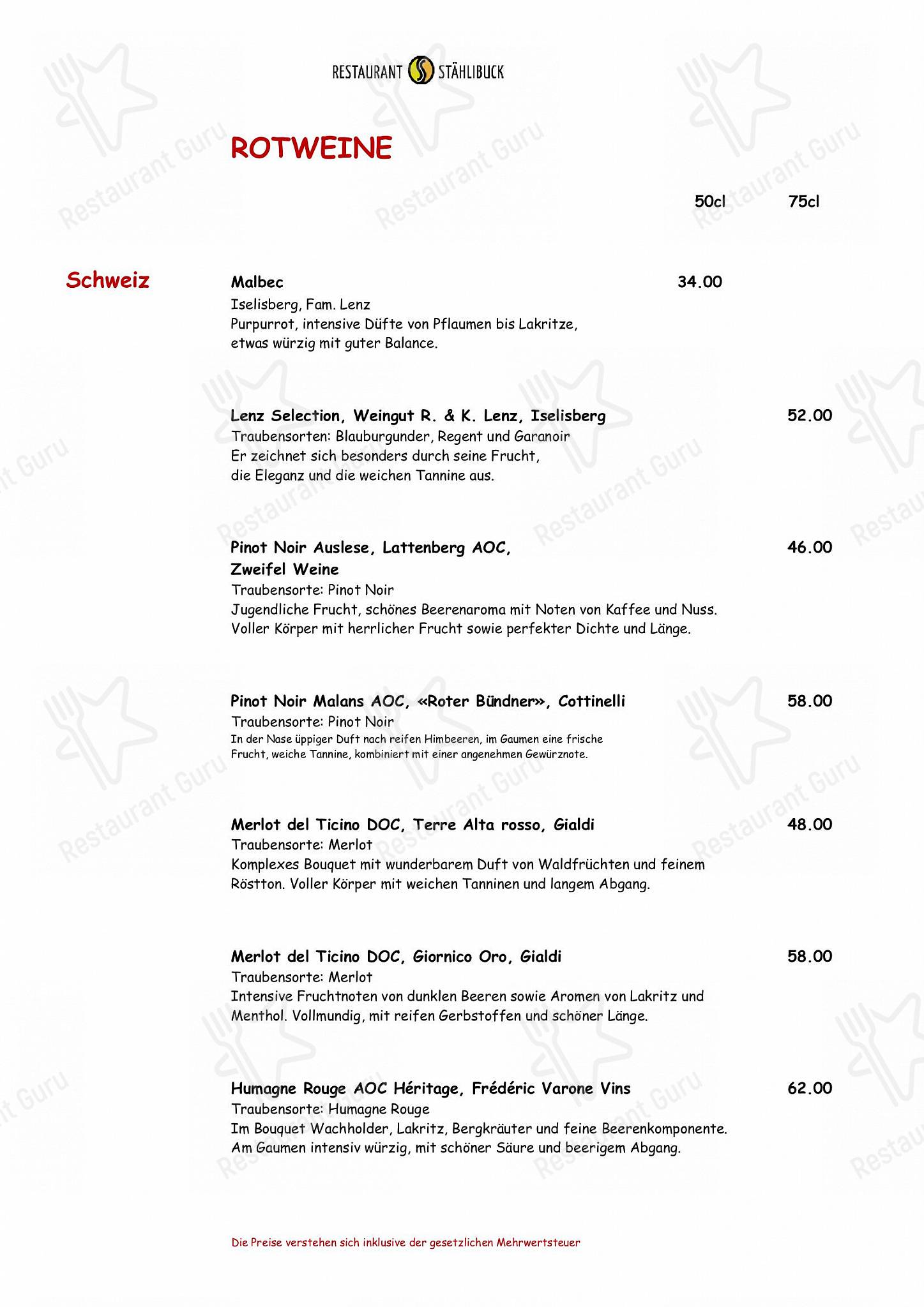 Restaurant Stählibuck in Frauenfeld - Menu